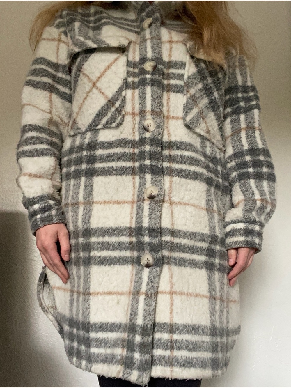 BRUNETTE the Label Plaid Women’s Shirt Jacket Shacket Grey Cream XS- S Oversize